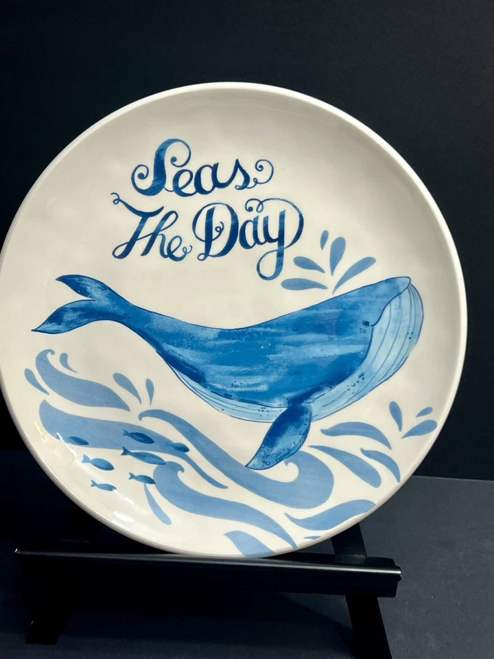(4) Pier 1 Imports SEAS THE DAY Ironstone Whale Blue White Salad Plates 8.75” - Image 2 of 4