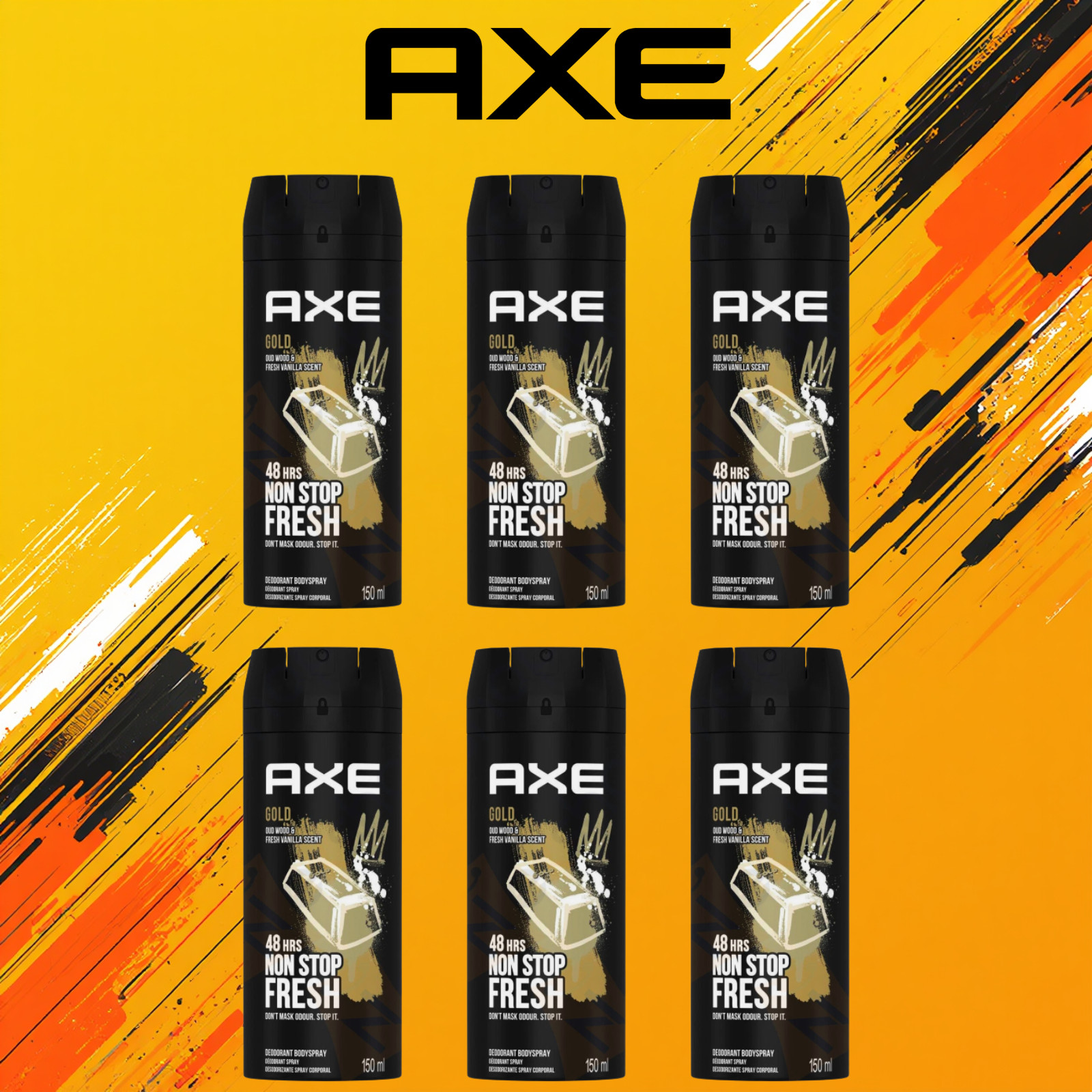 6 Pack AXE Gold Men's Deodorant Body Spray 150ml 48H Oud Wood