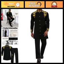 Men's African 2-Piece Dashiki Suit Set - Metallic Gold Printed Shirt Pants Out