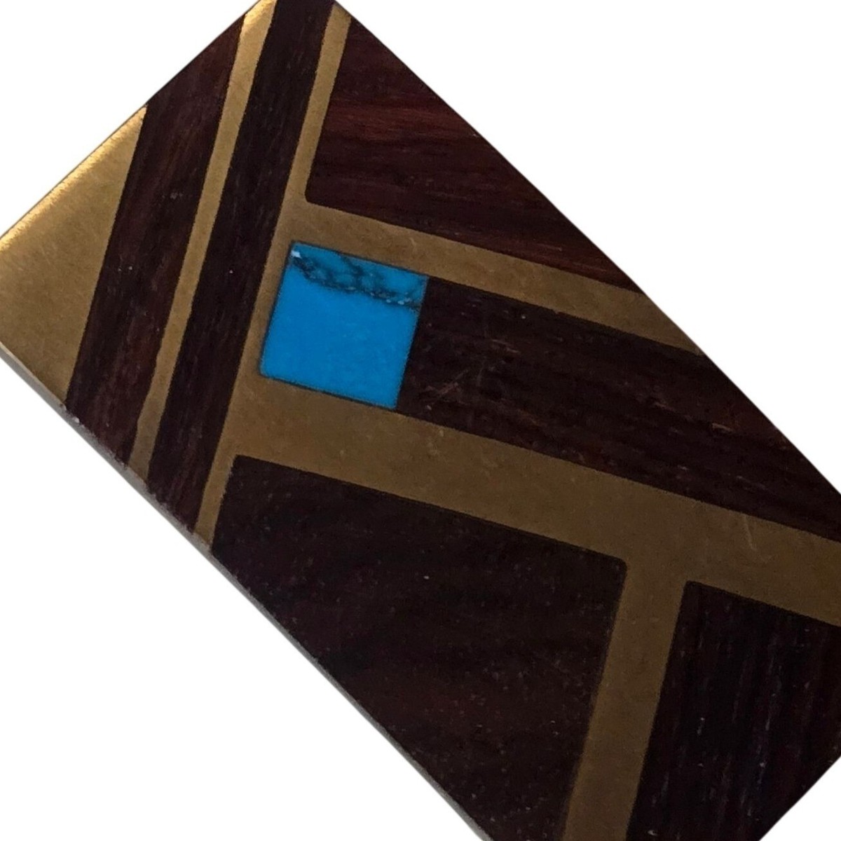 Kenneth Reid Belt Buckle Inlaid Turquoise Brass Wood Southwest  display picture 1