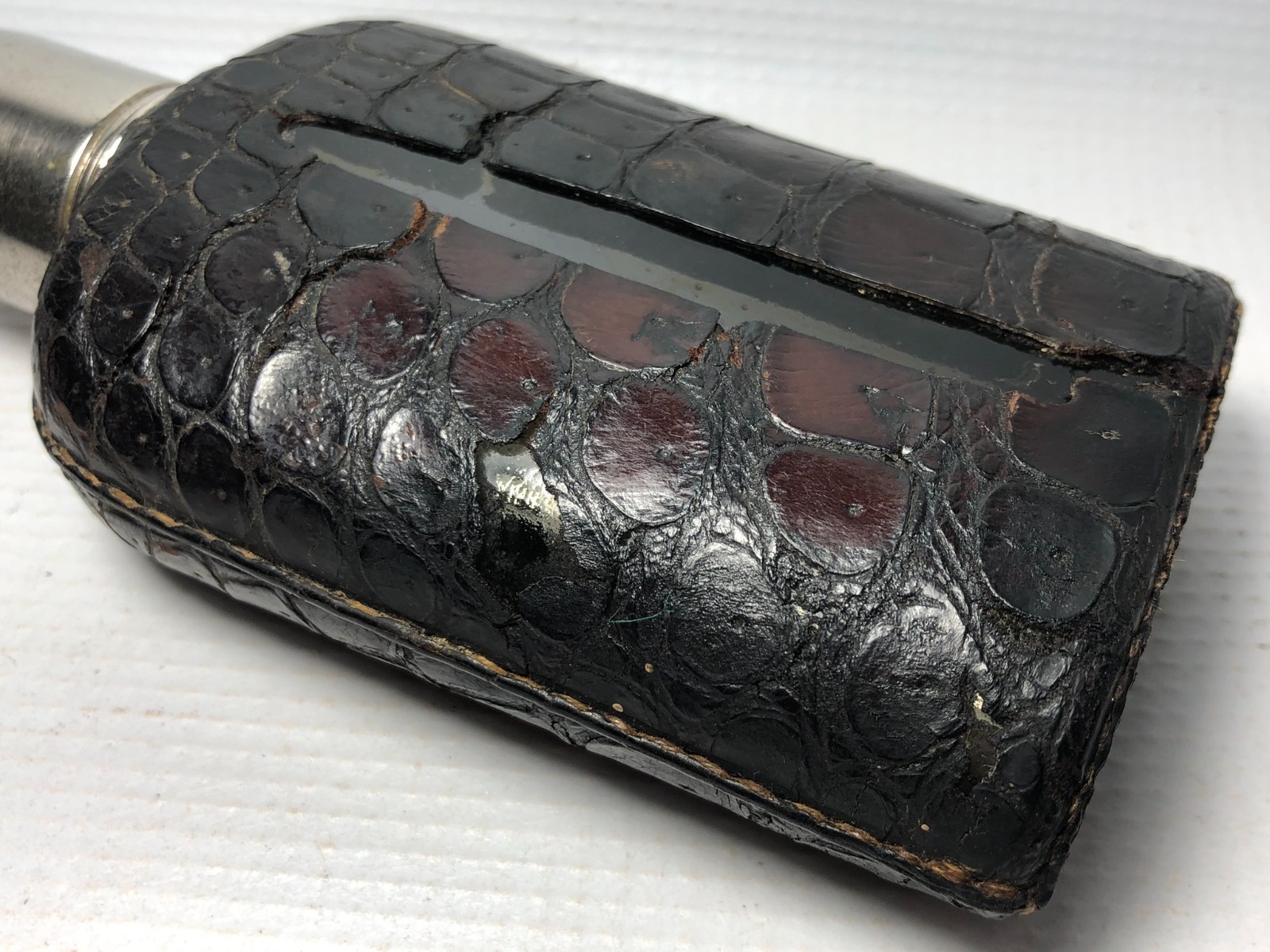 Antique CF Rumpp & Sons Pocket Hip Flask Crocodile Leather Wrapped Glass