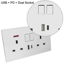 Stylish 2 Gang Double 13A switched Wall Plug Socket with USB Type C Outlets UK