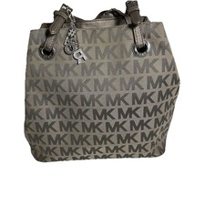 Michael Kors Gray Canvas Leather Strap Signature MK Logo Shoulder Bag Handbag ￼