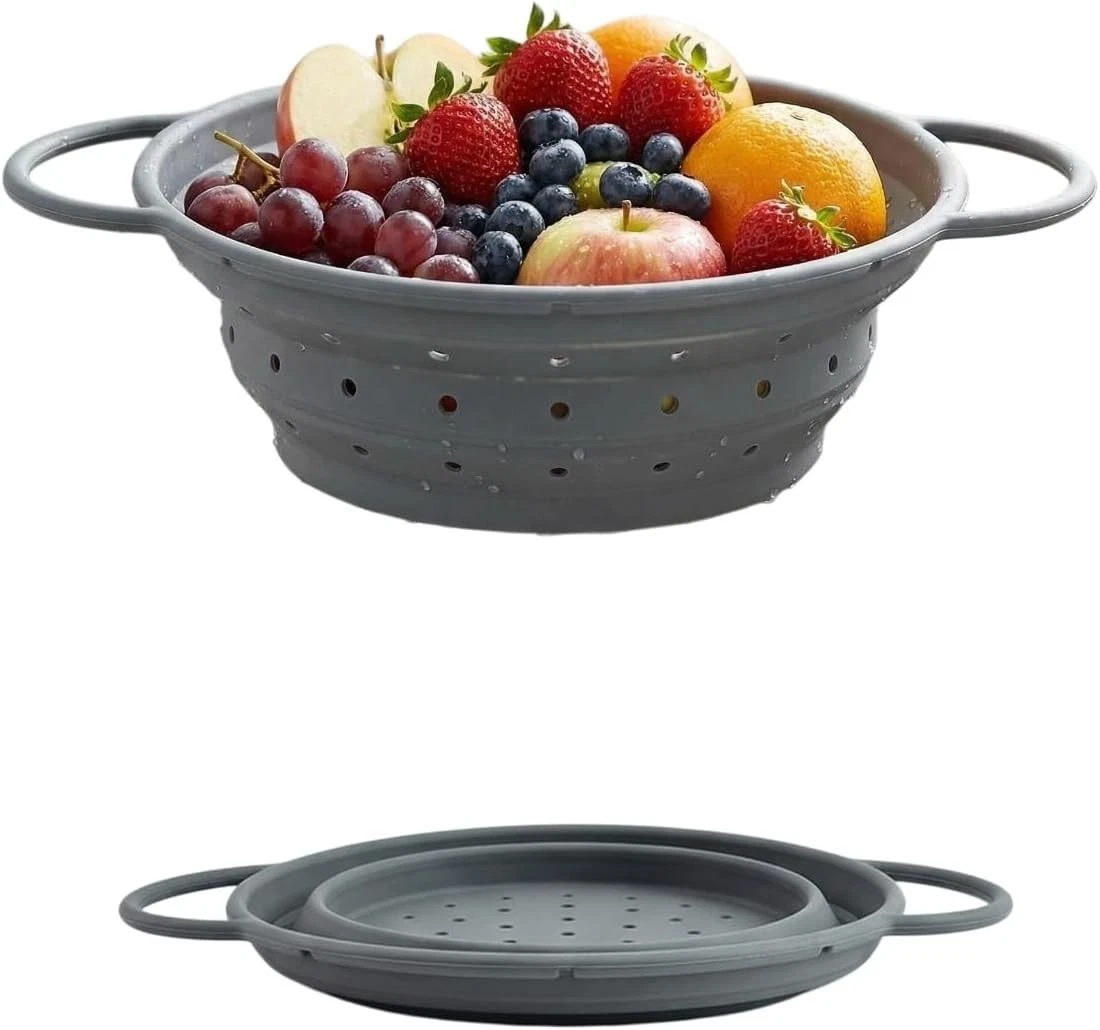 Collapsible Silicone Colander W/ Handles Round Strainer W/ Stainless Steel Rim