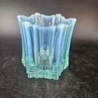 Fenton Blue Opalescent Ribbed Panel Art Glass Vase Scalloped Ruffled Rim USA