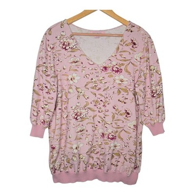 April Cornell Womens Pink Floral Cotton Knit V Neck Half Sleeve Knit Top Medium