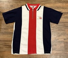 VTG TOMMY HILFIGER Flag Sport Red White Blue Polo SS Shirt Men's Medium 1/4 Zip