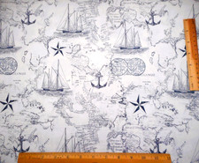 Nautical Fabric By Yard Navy Blue Ocean Map Anchor Sailboats on White Cotton Vtg