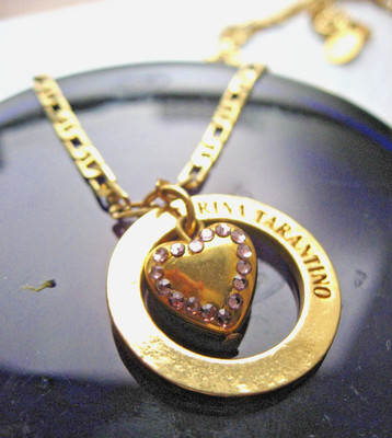 Tarina Tarantino Necklace Gold Puff Heart Pendant Chain Lilac Crystals Logo New
