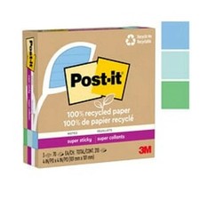 Post-it 100% Recycled Paper Super Sticky Notes, 2X The Sticking Power, 4x4 in,