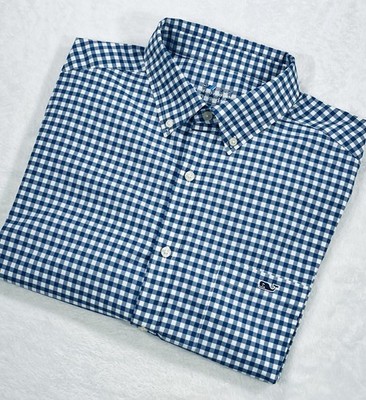 Vineyard Vines On-The-Go Performance  Men's Blue Gingham Plaid Shirt Sz Large