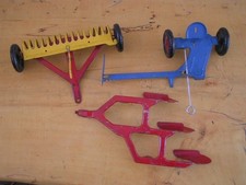 3 MARX Pressed Steel Farm Toy Dump Rake  Sickle mower  Cultivator Pull Behind