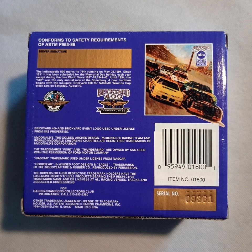 1994 Racing Champions Limited Edition Brickyard 400 Jimmy Spencer#27 Diecast - Image 4 of 4