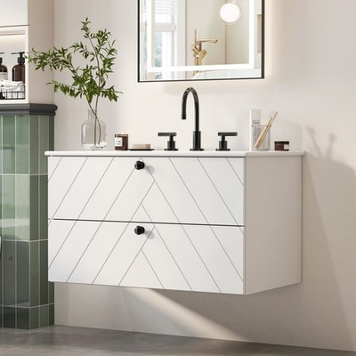 Floating Wall-Mounted Vanity Set with Ceramic Sink, Soft-Close Drawers White