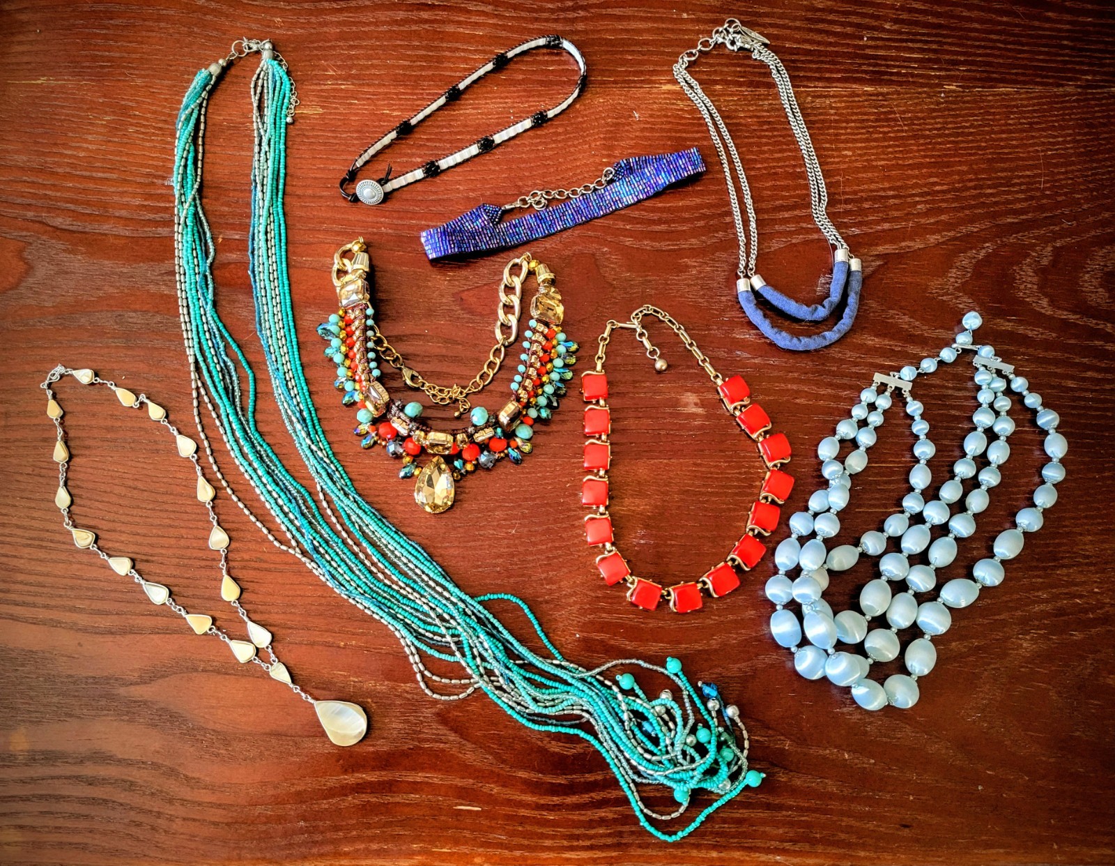 Necklace Lot of 8 Vintage & Modern Costume Jewelry- Beads, Shell, Moonglow