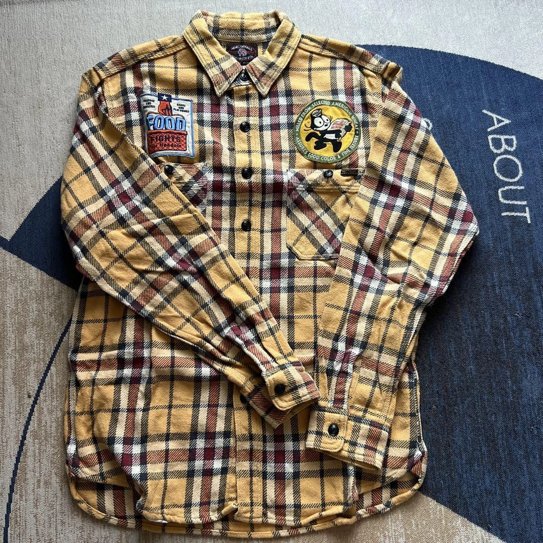 TOYs McCOY Felix the Cat Flannel Shirt Check Yellow Cotton Size 15 Used