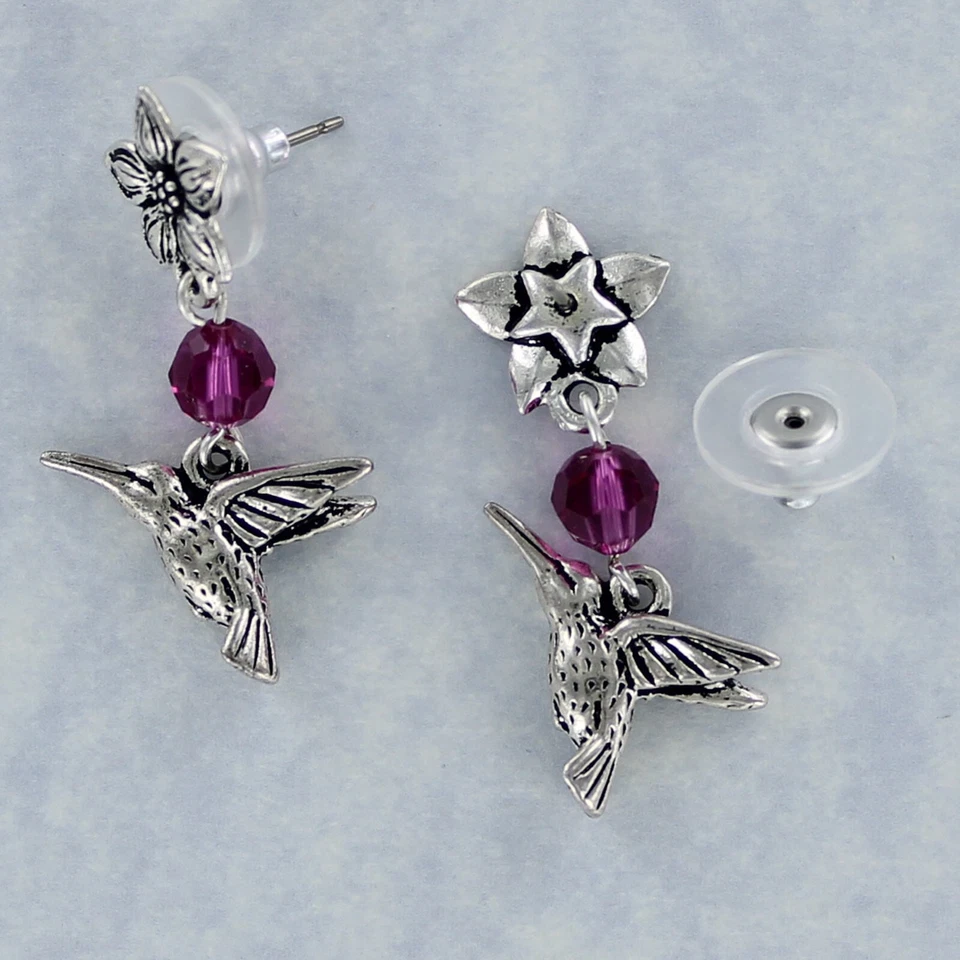 Pendientes HUMMINGBIRD - Postes libres de níquel flor estaño cristales amatista tachuelas Foto 3 de 3