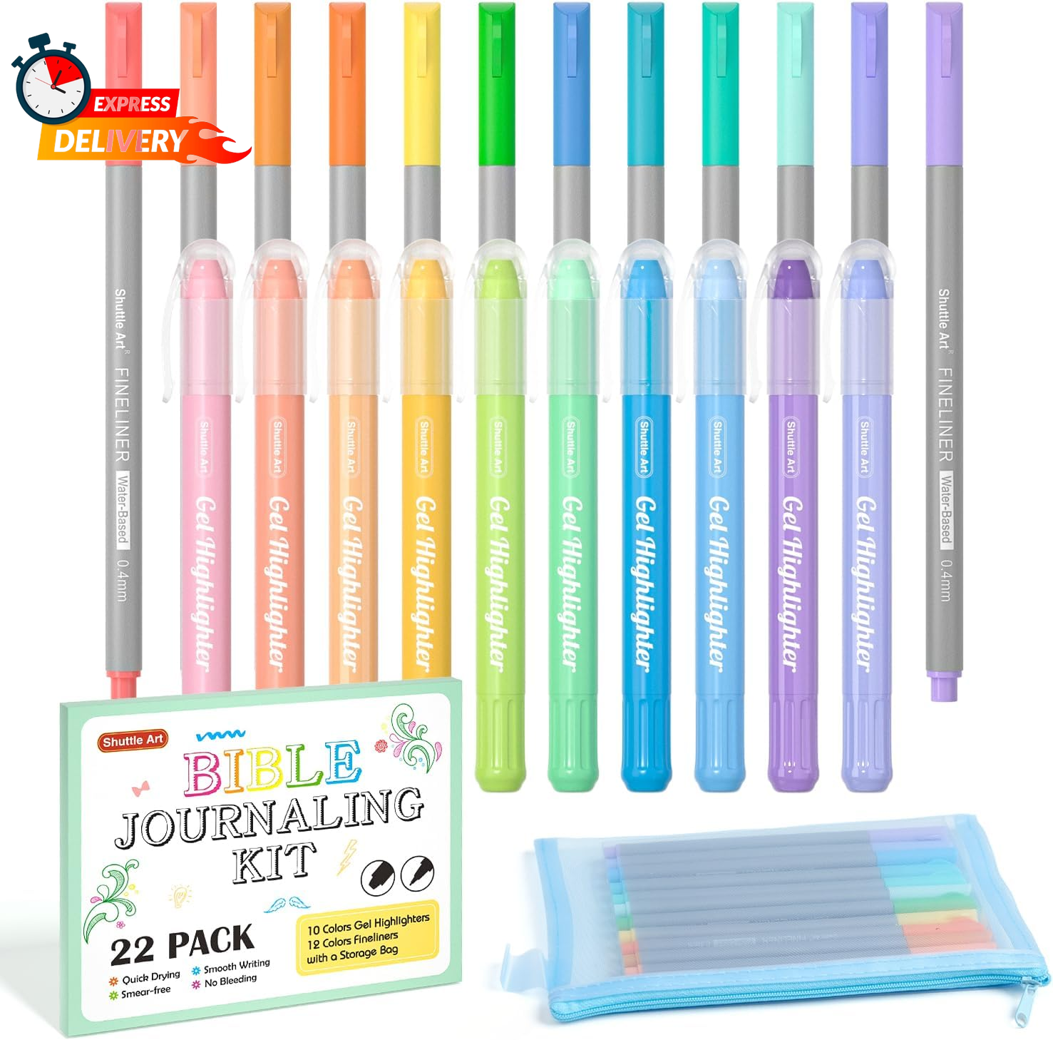 Bible Highlighters and Pens No Bleed, 22 Pack Bible Journaling Kit, 10 Colors Ge-image