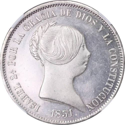 Spain 1851M 20 reales Queen Isabel II NGC MS64