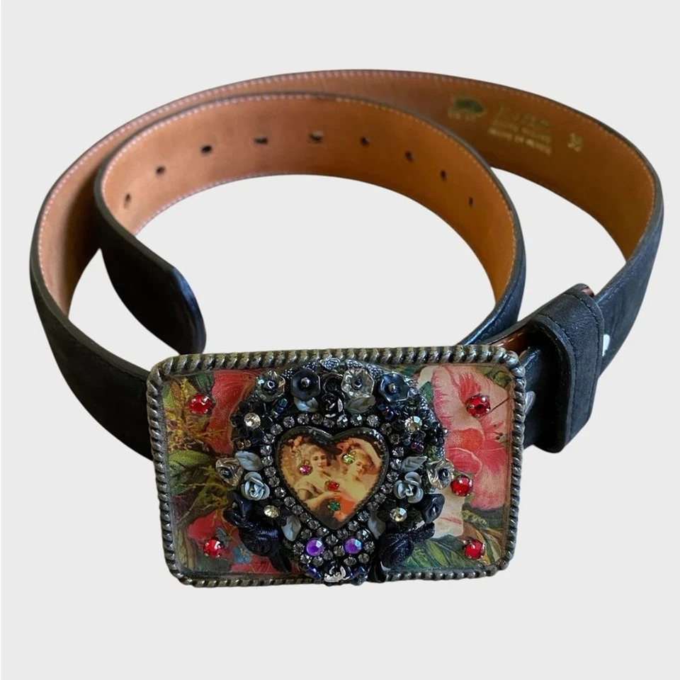 Cinturón de Cuero Genuino con Hebilla Romántica Ornamentada Talla 36 Negro Floral Corazón México Foto 3 de 4