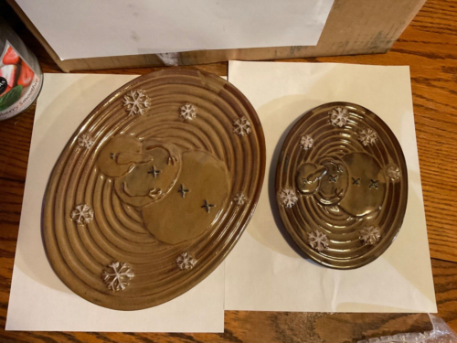 Primitive  vintage honey & me  pottery platter set of 2  snowman C8687 - Picture 1 of 1