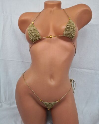 Prezent Golden Sexy EXTREME MICRO BIKINI Letnie Bikini Micro Thong Ekstremalne Bikini - Zdjęcie 1 z 8