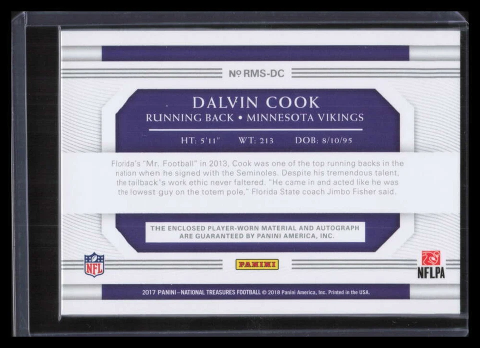 2017 National Treasures Material Signatures Dalvin Cook Rookie Patch Auto 26/33 - Image 2 of 2