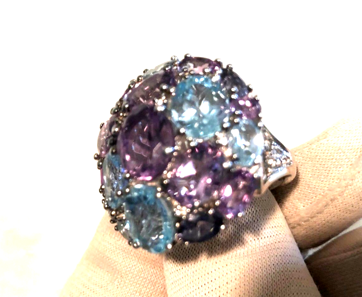 GRAZIELA GEMS STERLING MULTI-GEMSTONE CLUSTER RING, SIZE 8,
