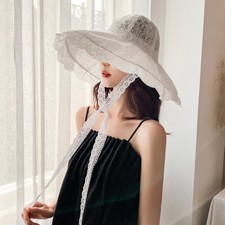 Chapeau Seau Floral En Dentelle Ruban Volant Large Bord Pour Femme Été Plage