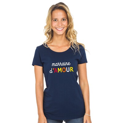 T-Shirt Damen Kurzarm Marraine D'Amour Bunt Waf Farbe Marineblau