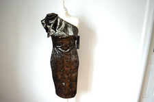 BADGLEY MISCHKA Abendkleid Samt D34/6 NEU! schulterfrei Volants gold taupe Kleid