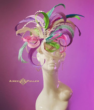 Aimee Fuller Kentucky Derby Oaks Fascinator Hat Green Pink Purple Blue Feather