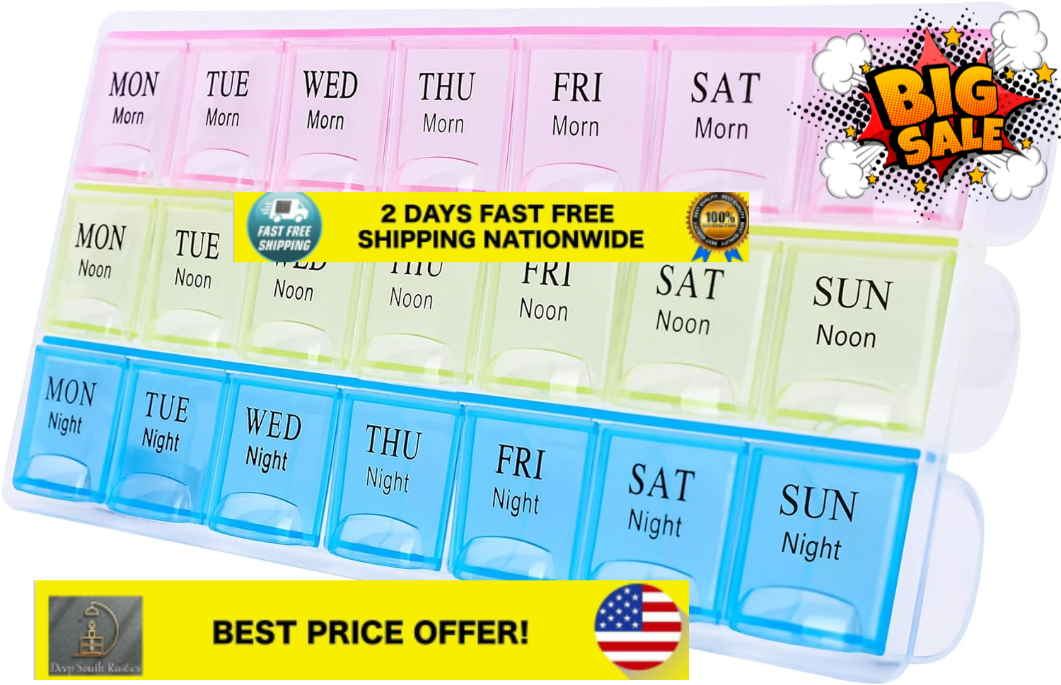 Large Weekly Pill Organizer 3 Times A Day Moisture-Proof 7 Day Pill Box Trave...