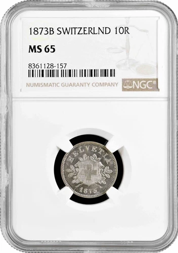 Switzerland 10 rappen 1873 B, NGC MS65, "Confoederatio Helvetica (1850 - 1916)"