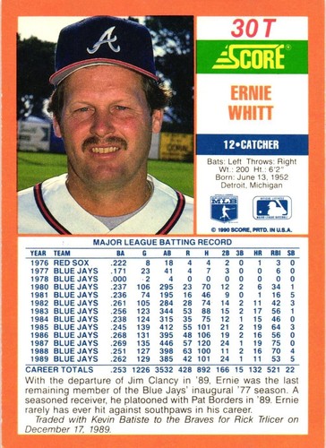 Ernie Whitt #30T Signed 1990 Score MLB Baseball Card Auto Braves - 第 2/2 張圖片