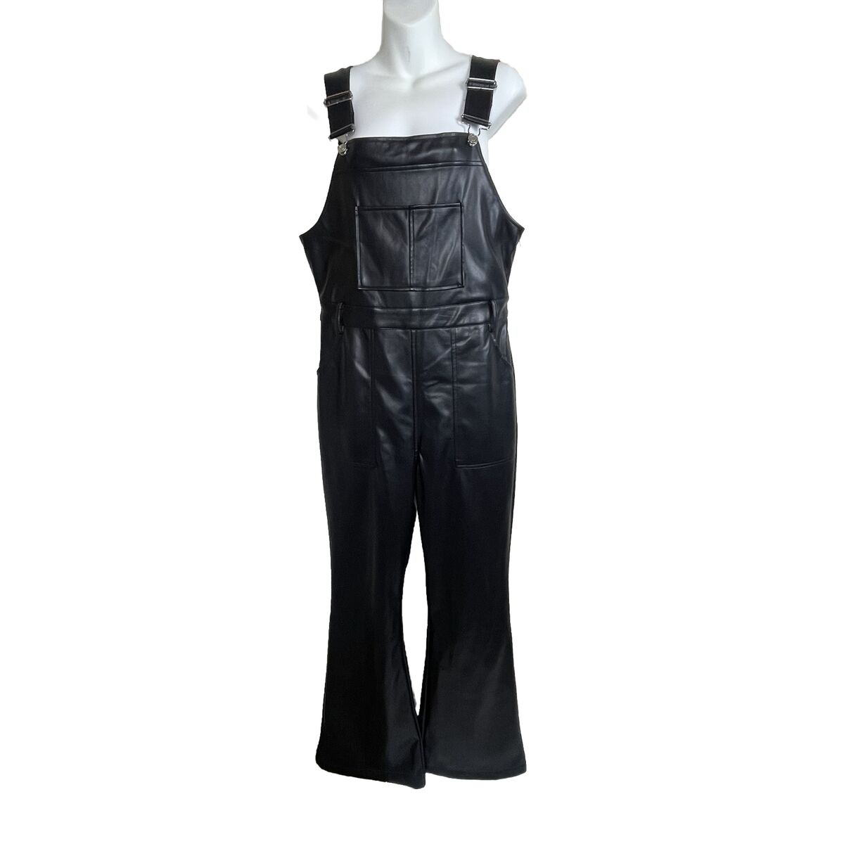 NWT 7 FOR ALL MANKIND Black Faux Leather Flare Overalls Size NWT 7 FOR ALL MANKIND Black Faux Leather Flare Overalls Size