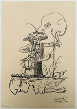 Salvador Dalí (Handmade) Drawing On old Paper Signed & Stamped,Vtg Art