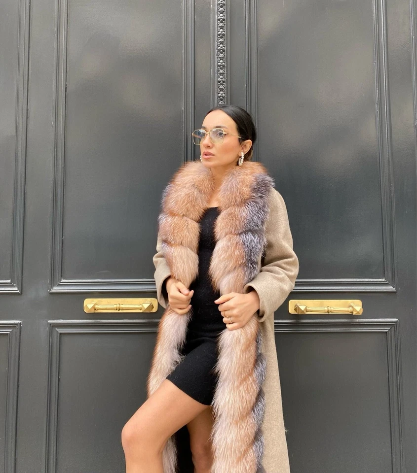 100% Alpaca Women's Winter Coat Real Fox Fur Long Overcoat Soft Stylish Beige - Image 2 of 4