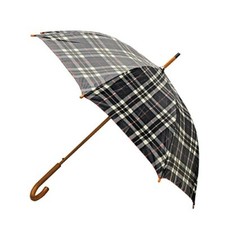 Classic Auto Open Umbrella with Real Wooden Hook Handle, Black Plaid, 46"