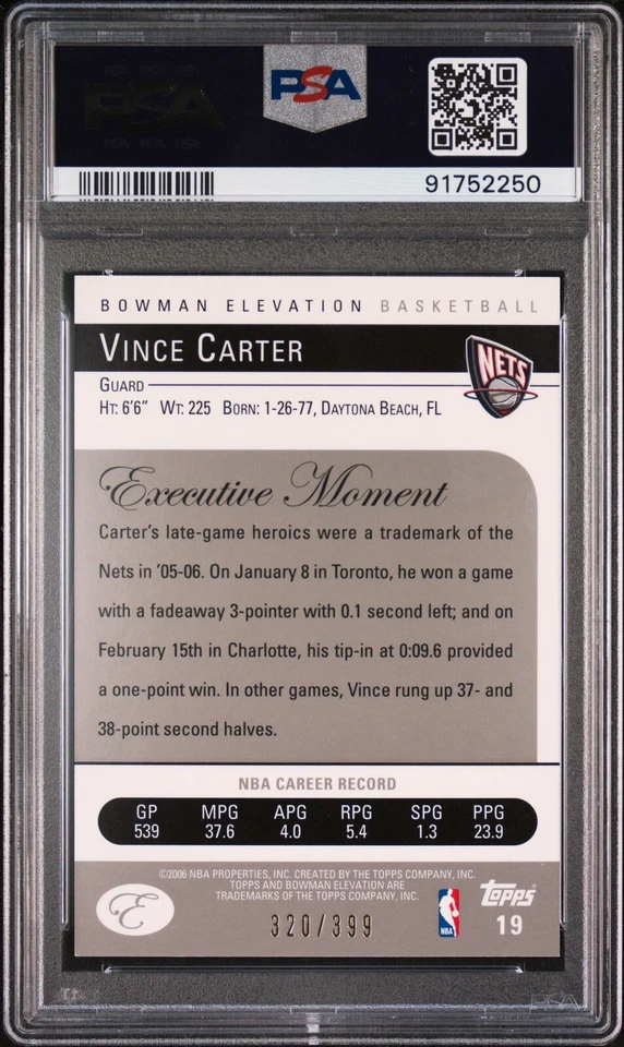 Bowman Elevation Vince Carter 2006 azul #/399 * gema PSA como nueva 10 - ¡pop de 1! Foto 2 de 2