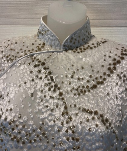 VTG Custom Made Wht/Gold Burnout Silk Shanghai Chic Cheongsam Maxi Dress~S~READ - Picture 3 of 14