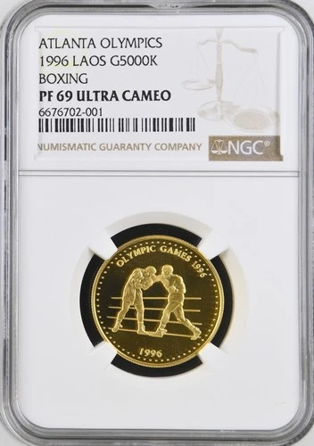 LAOS , GOLD 5000 KIP 1996 ATLANTA OLYMPICS - BOXERS - NGC PF 69 UC , RARE9