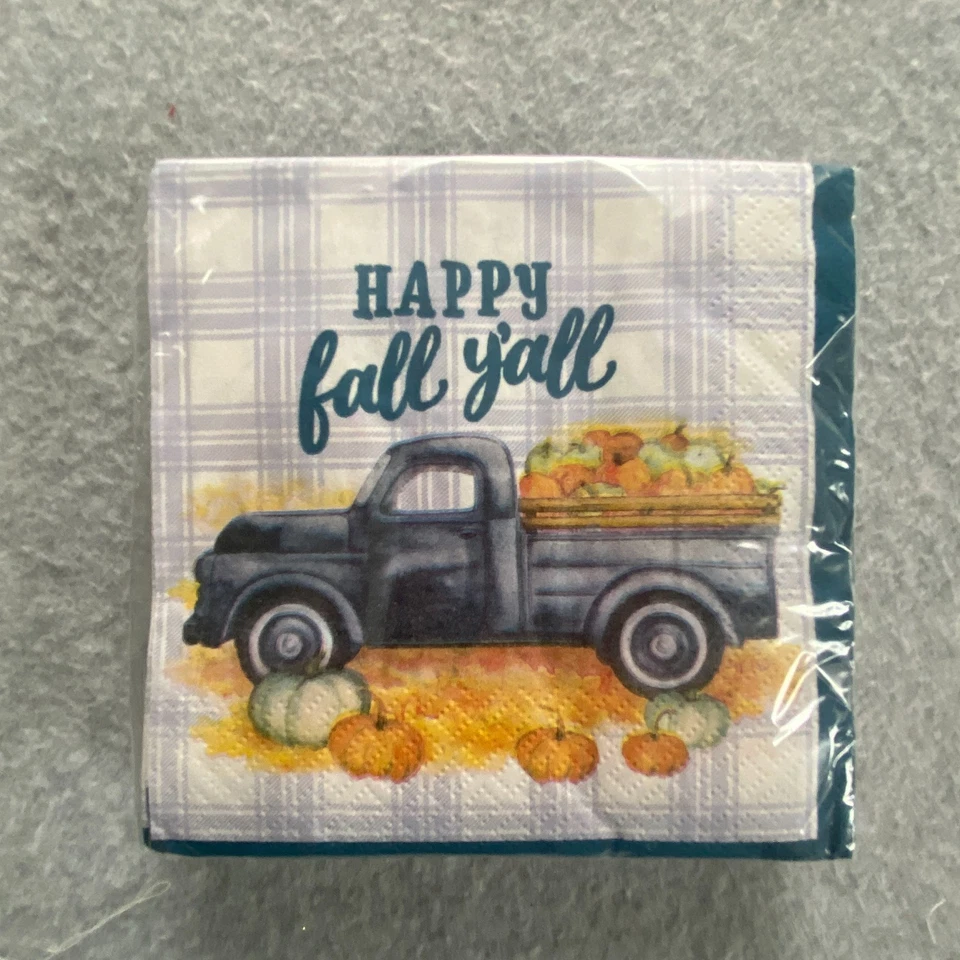 Servilletas de postre para almuerzo de otoño 32 Ea Happy Fall Y'all azul a cuadros camión calabazas NUEVO Foto 4 de 4