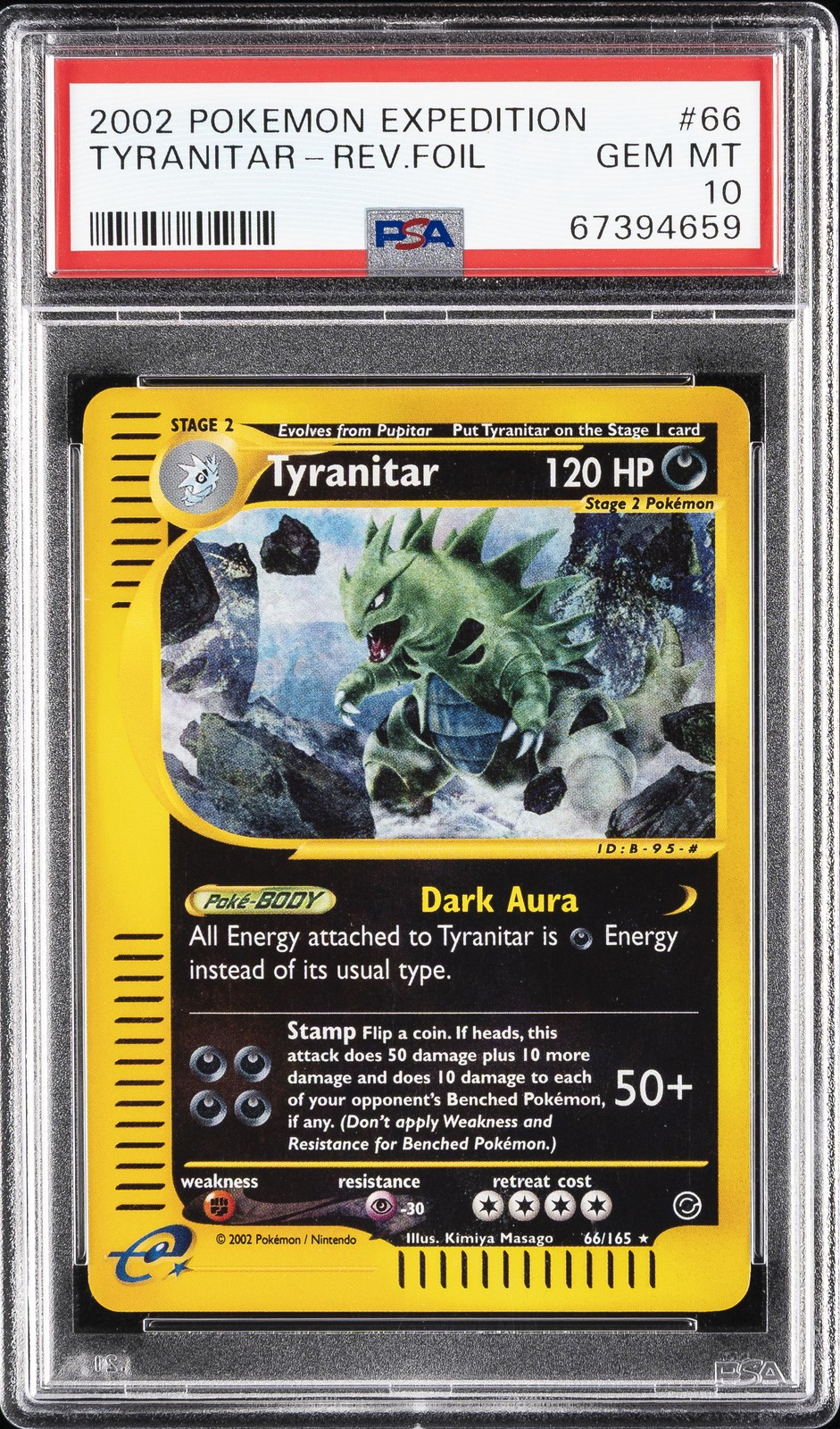 2002 POKEMON EXPEDITION #66 TYRANITAR-REVERSE FOIL PSA 10