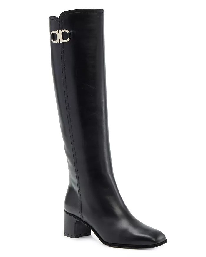 Salvatore Ferragamo Gancini Knee-High Cordo Boots in black leather