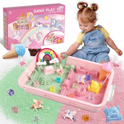 Weilim Unicorn Sensory Bin for Girl, Magic Sand Art Kit with Sandbox, Color S
