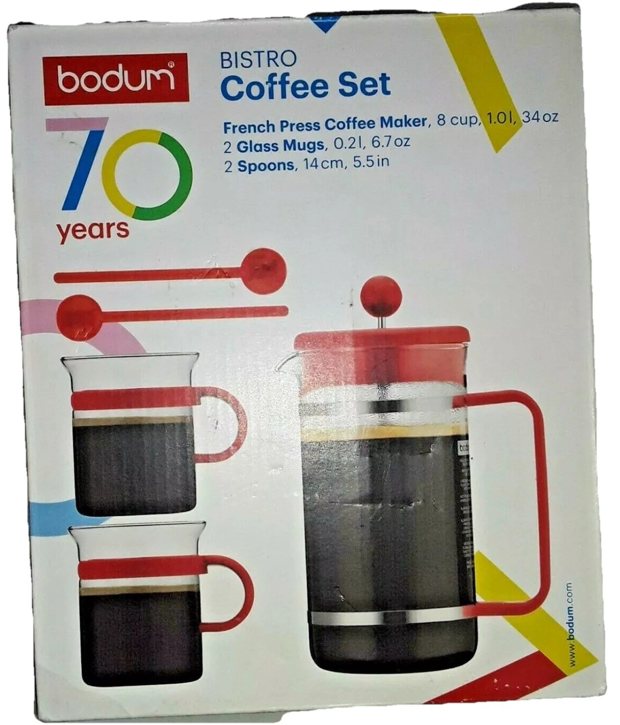 NEW Bodum 70 Years BISTRO French Press Coffee Set Mugs Spoons - RARE & HTF RED!!