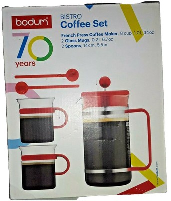NEW Bodum 70 Years BISTRO French Press Coffee Set Mugs Spoons - RARE & HTF RED!!