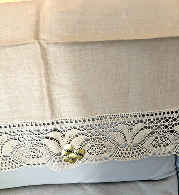 VINTAGE BEIGE IRISCHER LEINEN SOFA RÜCKENBEZUG ~ 35'' x 21'' BAUMWOLLE MASCHINE SPITZE KANTE