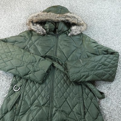 Eddie Bauer Jacket Womens M Green Quilted Down Parka Belted Windbreaker Coat Top
